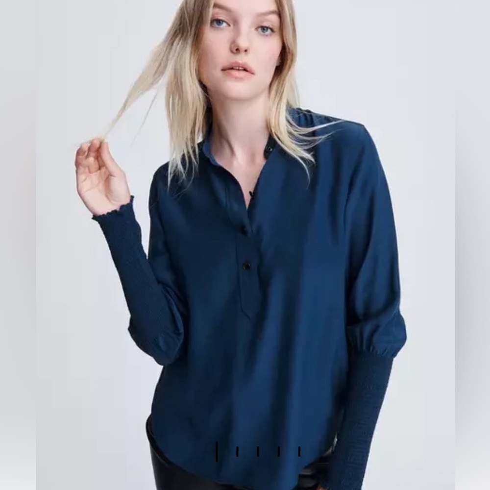 Rag & Bone MARIS Popover Long Sleeved Silk Blouse in Royal Blue XXS $395